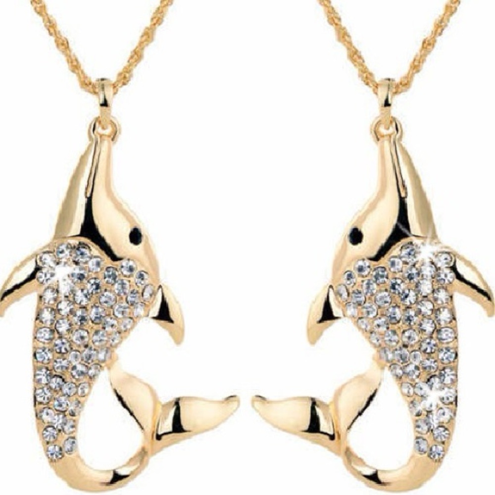 Pave Set Crystal Florida DOLPHIN Pendant Chain fish, ocean pendant Necklace Gold - Picture 3 of 7